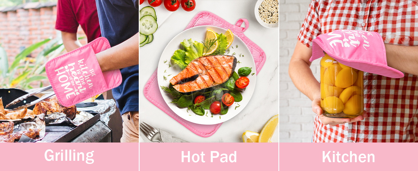 GROBRO7 6Pcs Funny Oven Mitts Pot Holders The Kitchen is The Heart of The Home Heat Resistant Hot Pad Machine Washable Gloves with Hanging Loop Pocket Hot Pad for Baking Cooking Pink