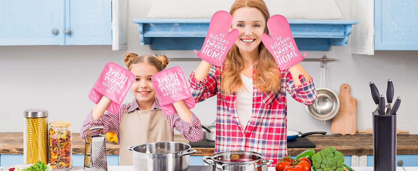 GROBRO7 6Pcs Funny Oven Mitts Pot Holders The Kitchen is The Heart of The Home Heat Resistant Hot Pad Machine Washable Gloves with Hanging Loop Pocket Hot Pad for Baking Cooking Pink