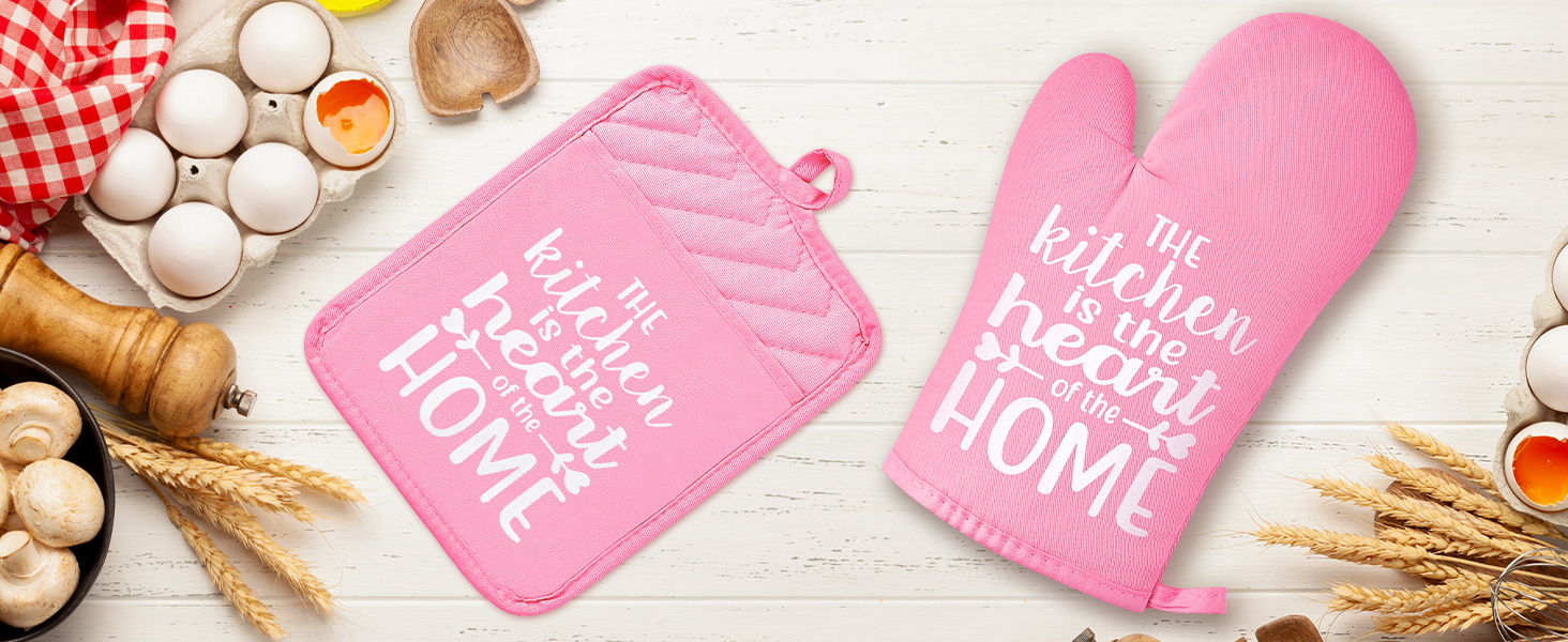 GROBRO7 6Pcs Funny Oven Mitts Pot Holders The Kitchen is The Heart of The Home Heat Resistant Hot Pad Machine Washable Gloves with Hanging Loop Pocket Hot Pad for Baking Cooking Pink