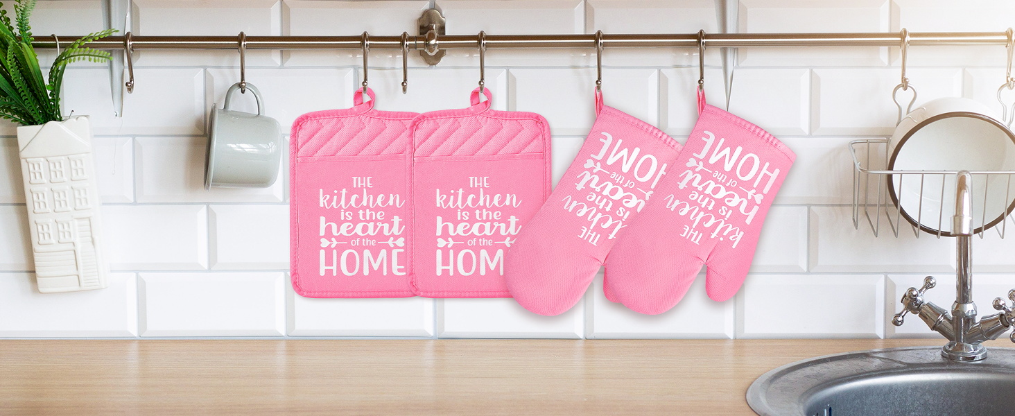 GROBRO7 6Pcs Funny Oven Mitts Pot Holders The Kitchen is The Heart of The Home Heat Resistant Hot Pad Machine Washable Gloves with Hanging Loop Pocket Hot Pad for Baking Cooking Pink
