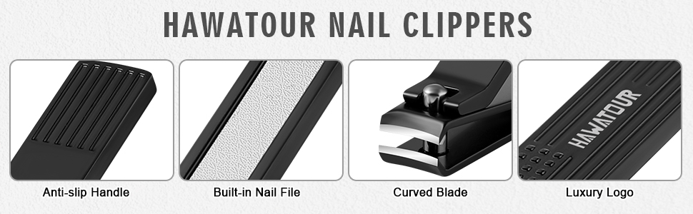 HAWATOUR Nail Clippers Set, Ultra Sharp Curved Blade Fingernail and Toenail Clipper Cutters with Visibly Tin Case, Squares and Stripes, Black