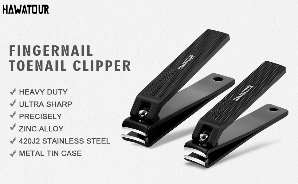 HAWATOUR Nail Clippers Set, Ultra Sharp Curved Blade Fingernail and Toenail Clipper Cutters with Visibly Tin Case, Squares and Stripes, Black