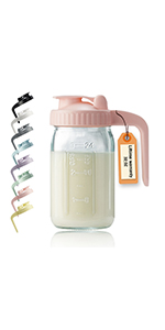 32oz Glass Pitcher with Lid & V-shaped Pour Spout - 1 Quart Breastmilk Pitcher Double Leak Proof, Creamer Container for Sun Tea, Juice, Cold Brew Coffee, Breastmilk Storage Container