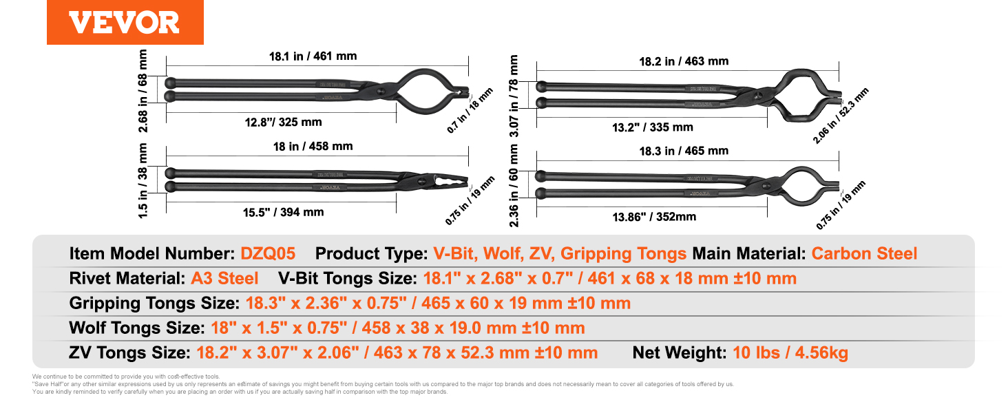 VEVOR Blacksmith Tongs, 4 PCS: V-Bit Bolt, Wolf Jaw, Z V-Bit & Gripping - A3 Carbon Steel, 18' for Blacksmiths & Bladesmiths
