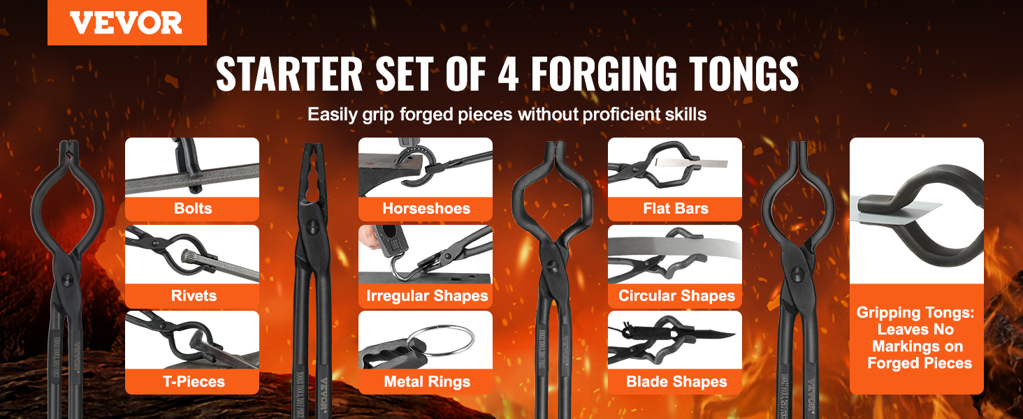 VEVOR Blacksmith Tongs, 4 PCS: V-Bit Bolt, Wolf Jaw, Z V-Bit & Gripping - A3 Carbon Steel, 18' for Blacksmiths & Bladesmiths