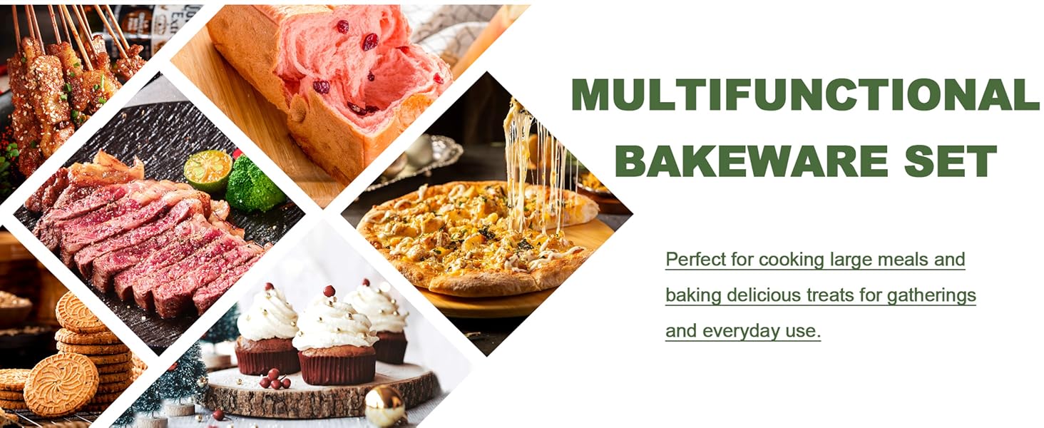 EWFEN Bakeware Sets, Baking Pans Set, Nonstick Oven Pan for Kitchen with Wider Grips, 7-Piece with Round/Square Cake Pan, Loaf Pan, Muffin Pan, Cookie Sheet, Roast Pan, Cooling Rack, Carbon Steel Bake