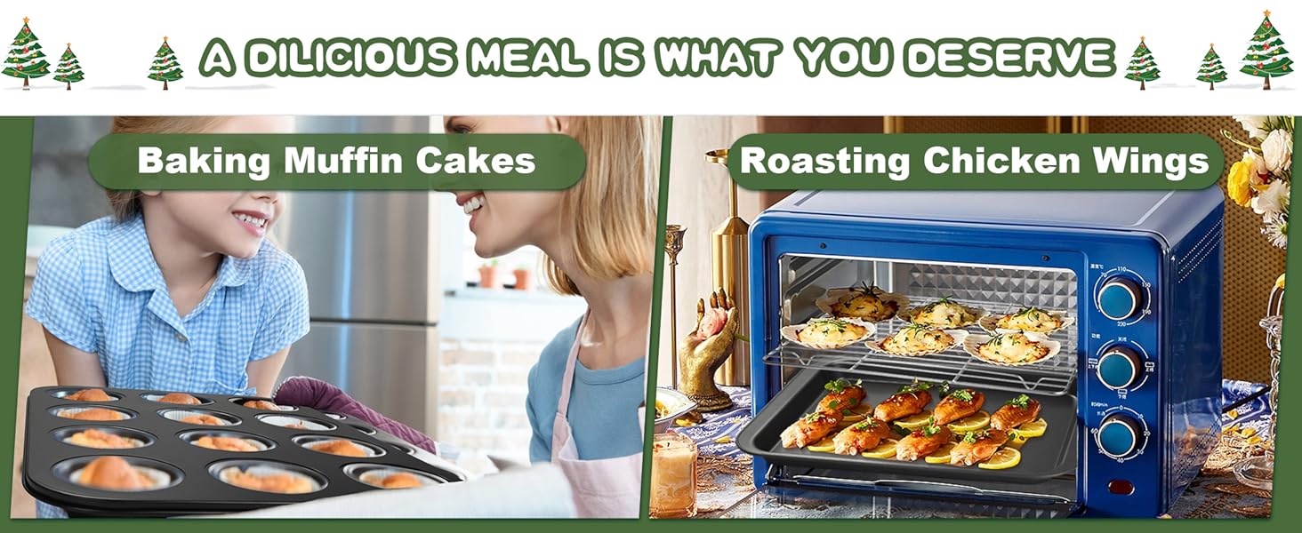 EWFEN Bakeware Sets, Baking Pans Set, Nonstick Oven Pan for Kitchen with Wider Grips, 7-Piece with Round/Square Cake Pan, Loaf Pan, Muffin Pan, Cookie Sheet, Roast Pan, Cooling Rack, Carbon Steel Bake