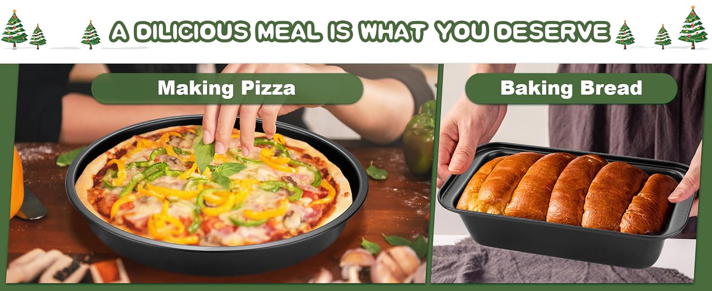 EWFEN Bakeware Sets, Baking Pans Set, Nonstick Oven Pan for Kitchen with Wider Grips, 7-Piece with Round/Square Cake Pan, Loaf Pan, Muffin Pan, Cookie Sheet, Roast Pan, Cooling Rack, Carbon Steel Bake