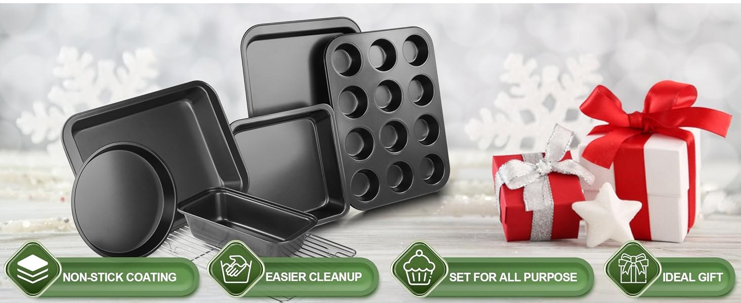 EWFEN Bakeware Sets, Baking Pans Set, Nonstick Oven Pan for Kitchen with Wider Grips, 7-Piece with Round/Square Cake Pan, Loaf Pan, Muffin Pan, Cookie Sheet, Roast Pan, Cooling Rack, Carbon Steel Bake