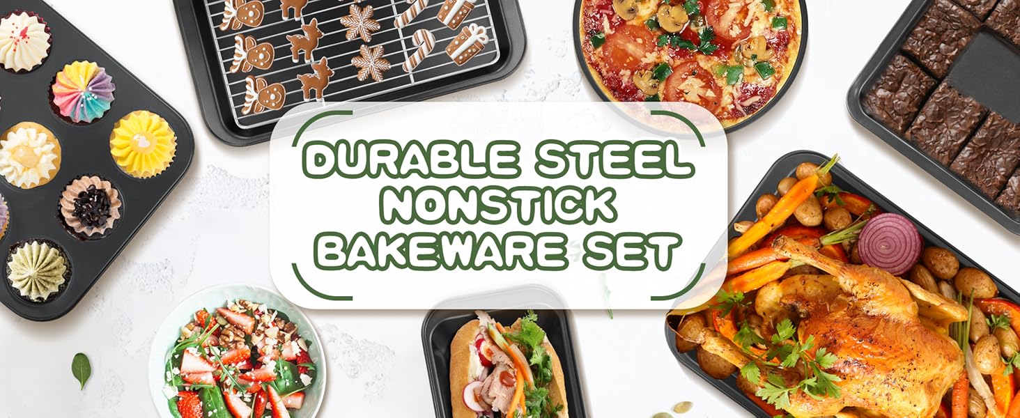 EWFEN Bakeware Sets, Baking Pans Set, Nonstick Oven Pan for Kitchen with Wider Grips, 7-Piece with Round/Square Cake Pan, Loaf Pan, Muffin Pan, Cookie Sheet, Roast Pan, Cooling Rack, Carbon Steel Bake