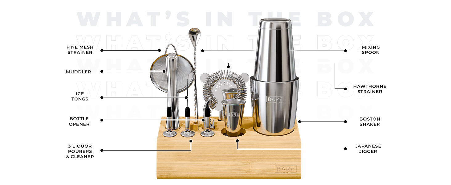BARE BARREL® Mixology Bartender Kit Bar Set | 14-Piece Cocktail Shaker Set | Martini Barware Mixing Tools for Home Bartending | Incl. 35 Recipe Cards | Gift Set (28oz Boston Shaker, Silver/Black)