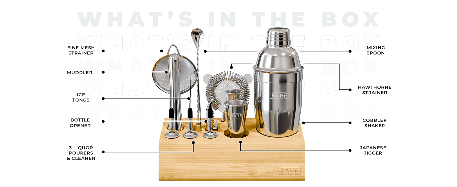 BARE BARREL® Mixology Bartender Kit Bar Set | 14-Piece Cocktail Shaker Set | Martini Barware Mixing Tools for Home Bartending | Incl. 35 Recipe Cards | Gift Set (24oz Cobbler Shaker, Jet Black/Black)