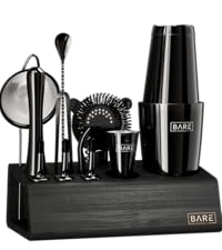 BARE BARREL® Mixology Bartender Kit Bar Set | 14-Piece Cocktail Shaker Set | Martini Barware Mixing Tools for Home Bartending | Incl. 35 Recipe Cards | Gift Set (24oz Cobbler Shaker, Jet Black/Black)