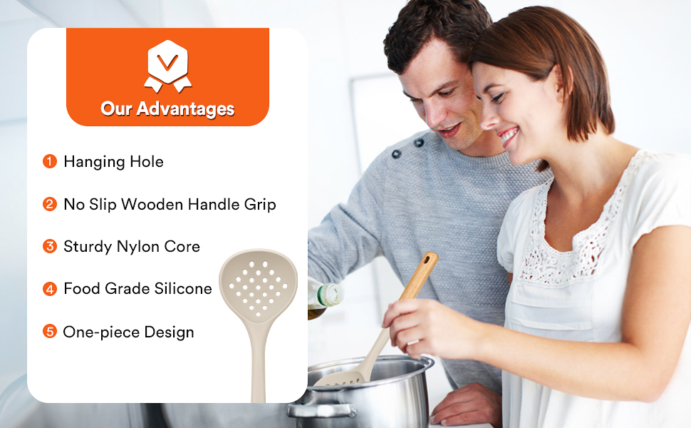 Kitchen Ladle Strainer, Large Slotted Spoon with High Heat Resistant BPA Free, Non Stick Cooking Skimmers For Draining & Frying, 13.2inch (Khaki & Blue)