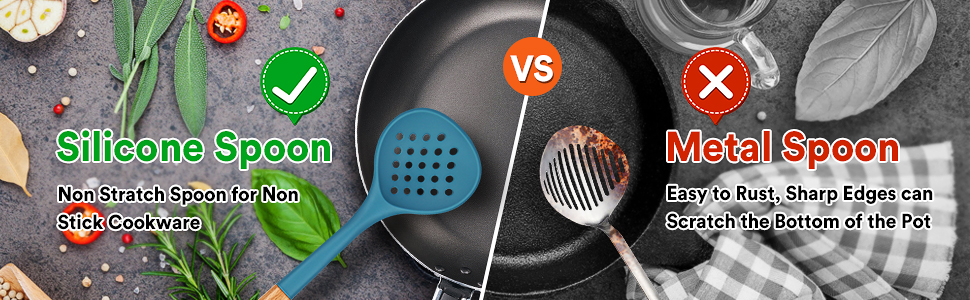 Kitchen Ladle Strainer, Large Slotted Spoon with High Heat Resistant BPA Free, Non Stick Cooking Skimmers For Draining & Frying, 13.2inch (Khaki & Blue)