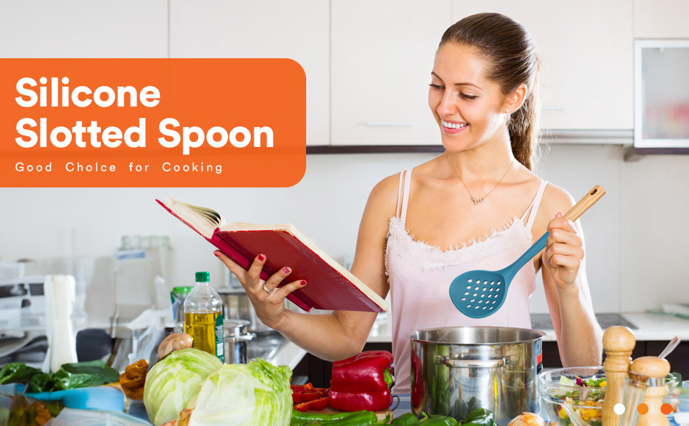 Kitchen Ladle Strainer, Large Slotted Spoon with High Heat Resistant BPA Free, Non Stick Cooking Skimmers For Draining & Frying, 13.2inch (Khaki & Blue)