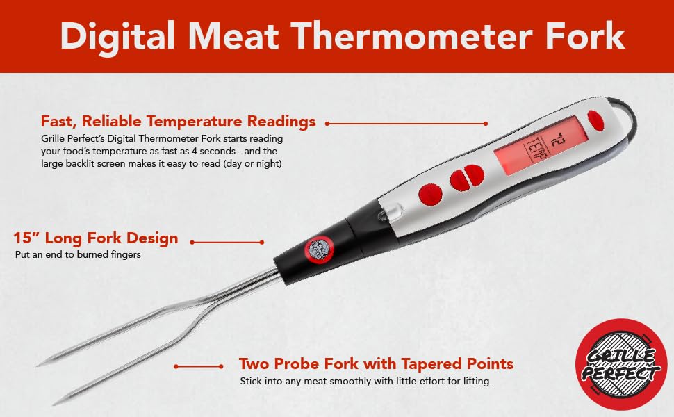 Digital Meat Thermometer Fork for Grilling and BBQ Fast Read Electronic Probes with Ready Alarm Quick Accurate Barbecue Temperature for Steak Chicken Hot Grilled Food