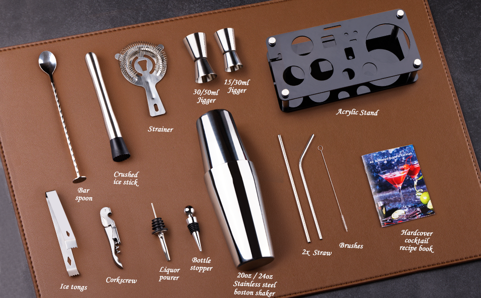 Cocktail Shaker Set Bartender Kit : 15-Piece Bar Tool Set with Acrylic Stand Bars Set with All Practical Bar Accessories, for Drink Mixing, Bar, Home, Lounge & Party, Silver