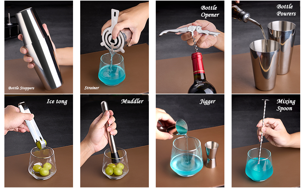 Cocktail Shaker Set Bartender Kit : 15-Piece Bar Tool Set with Acrylic Stand Bars Set with All Practical Bar Accessories, for Drink Mixing, Bar, Home, Lounge & Party, Silver
