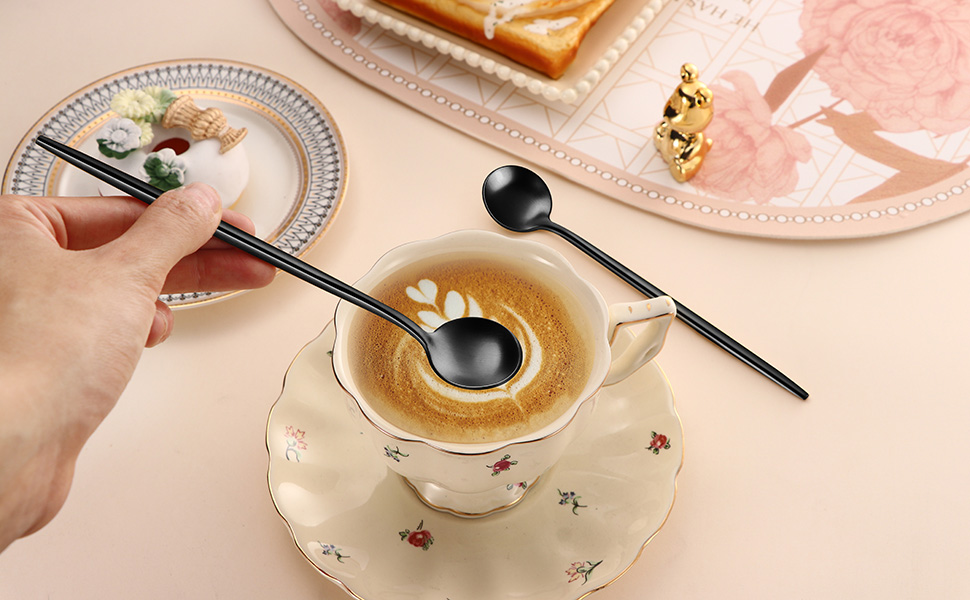 4 PCS 6.7 Inches Satin Black Stainless Steel 18/10 Coffee Spoons,Iced Tea Spoon,Espresso Stirring Spoons,Matte Black SS304 Teaspoons,Dessert Spoon,Long Coffee Spoons accessories