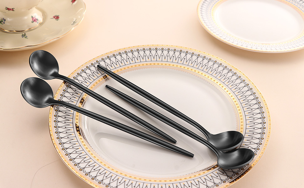 4 PCS 6.7 Inches Satin Black Stainless Steel 18/10 Coffee Spoons,Iced Tea Spoon,Espresso Stirring Spoons,Matte Black SS304 Teaspoons,Dessert Spoon,Long Coffee Spoons accessories