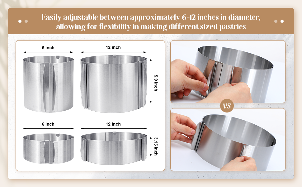 Hushee 2 Pcs 6 to 12 Inch Cake Ring 5.9 Inch High Adjustable Cake Mold Baking Rings Kit Round Stainless Steel Decorating Bakeware Tools with Scaling for Mousse Baking Dessert Making