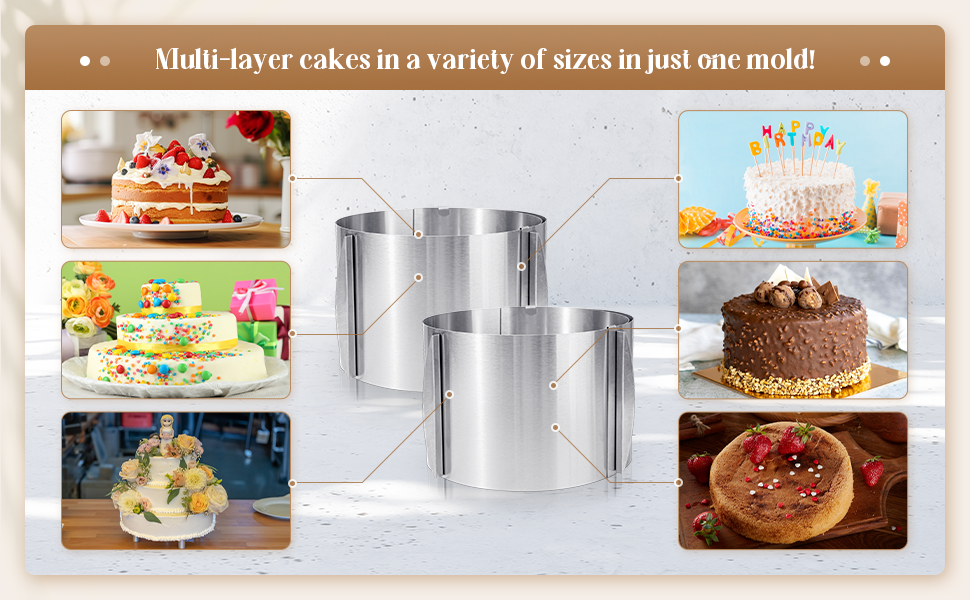 Hushee 2 Pcs 6 to 12 Inch Cake Ring 5.9 Inch High Adjustable Cake Mold Baking Rings Kit Round Stainless Steel Decorating Bakeware Tools with Scaling for Mousse Baking Dessert Making