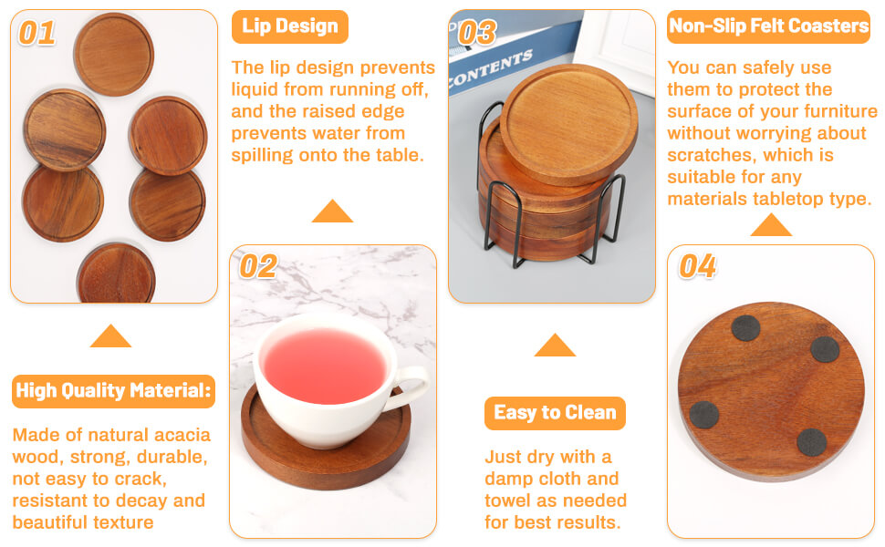 4 Pcs Wood Coasters for Drinks Absorbent, Wooden Coasters with Holder, Drink Coasters for Coffee Table, Absorbent Coaster Set for Table Protection Drink Coasters for Farmhouse, Office, Bar