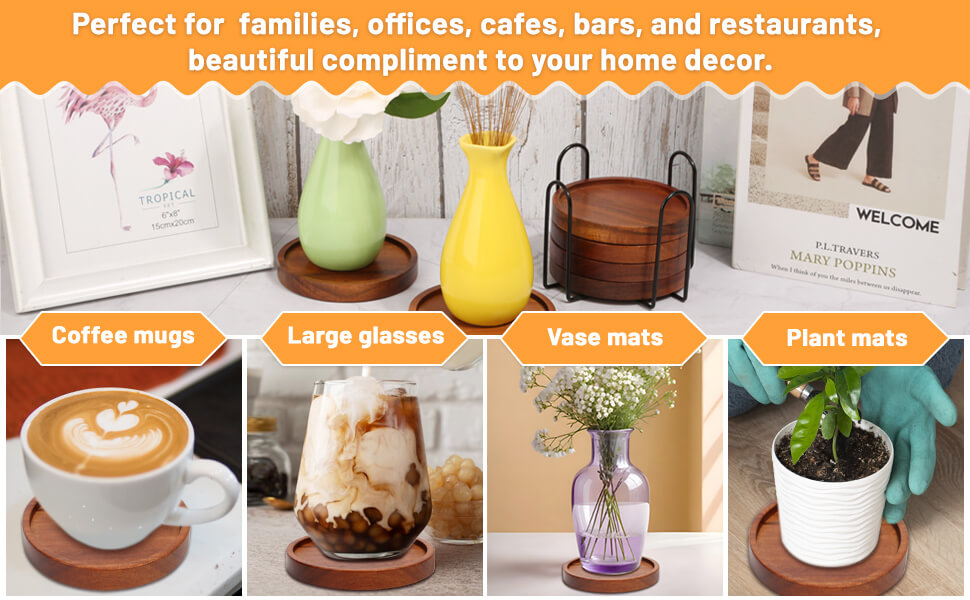 4 Pcs Wood Coasters for Drinks Absorbent, Wooden Coasters with Holder, Drink Coasters for Coffee Table, Absorbent Coaster Set for Table Protection Drink Coasters for Farmhouse, Office, Bar