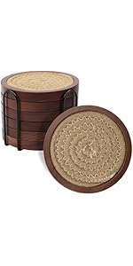 4 Pcs Wood Coasters for Drinks Absorbent, Wooden Coasters with Holder, Drink Coasters for Coffee Table, Absorbent Coaster Set for Table Protection Drink Coasters for Farmhouse, Office, Bar