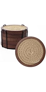 4 Pcs Wood Coasters for Drinks Absorbent, Wooden Coasters with Holder, Drink Coasters for Coffee Table, Absorbent Coaster Set for Table Protection Drink Coasters for Farmhouse, Office, Bar