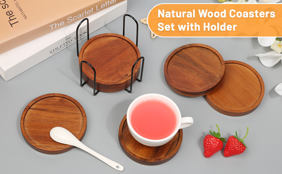 4 Pcs Wood Coasters for Drinks Absorbent, Wooden Coasters with Holder, Drink Coasters for Coffee Table, Absorbent Coaster Set for Table Protection Drink Coasters for Farmhouse, Office, Bar
