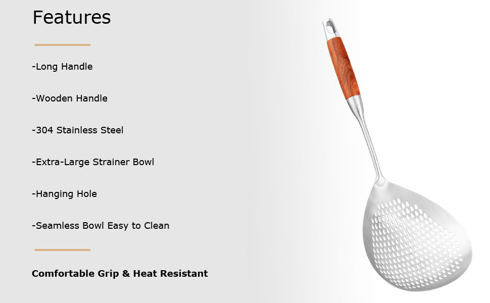 Large Slotted Spoon with Long Wooden Handle - Lyveit 16 Inch Deep Frying Scoop with Hanging Holes, 304 Stainless Steel Fryer Skimmer Spoons for Kitchen Cooking Frying Draining