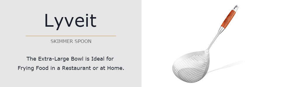 Large Slotted Spoon with Long Wooden Handle - Lyveit 16 Inch Deep Frying Scoop with Hanging Holes, 304 Stainless Steel Fryer Skimmer Spoons for Kitchen Cooking Frying Draining