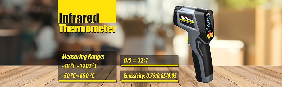 NDI Infrared Thermometer Temperature Gun -58℉～1202℉, Digital Laser Surface Temp Reader for Cooking, Pizza Oven, Candy, Griddle HVAC IR Thermometer Temp Gun with Adjustable Emissivity