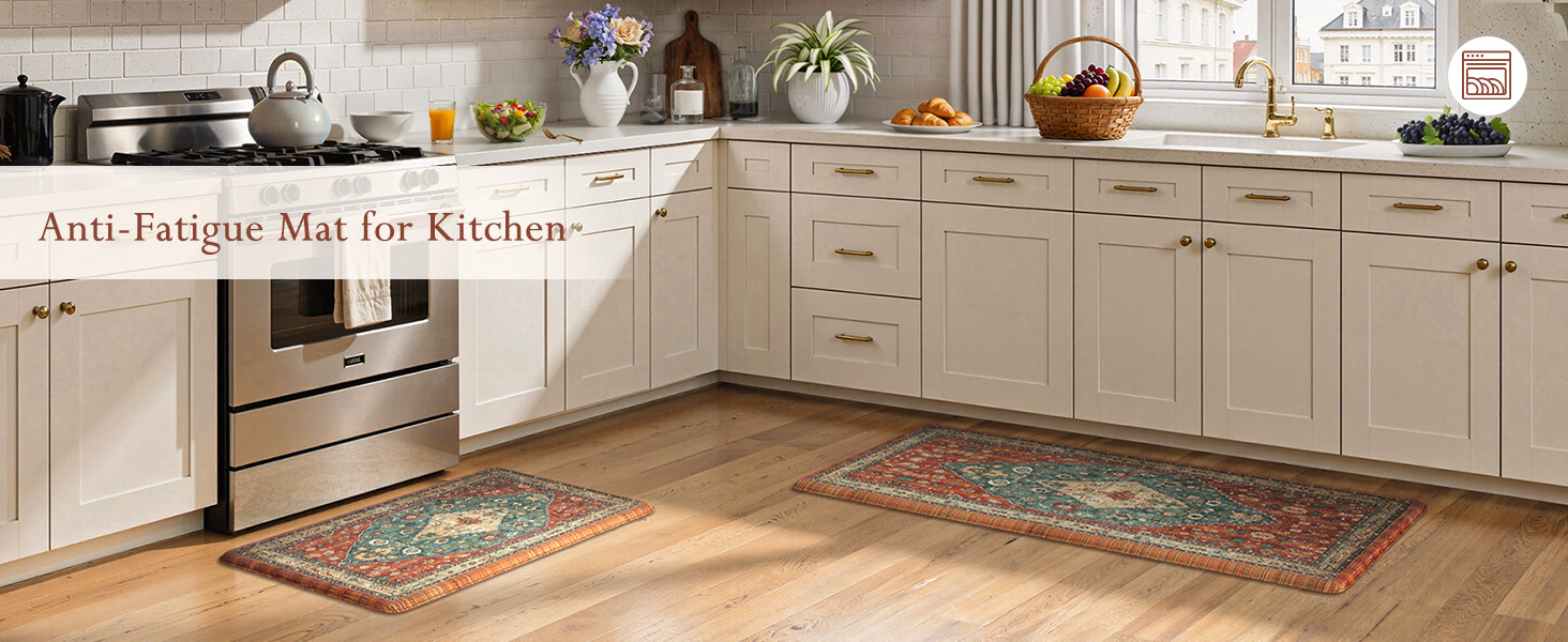 Collive Boho Kitchen Mats 2PCS, Cushioned Kitchen Mat for Floor Anti Fatigue Waterproof Kitchens Rugs Set of 2, Non Skid Comfort Standing Rug for Office, Sink, Laundry, 17.3