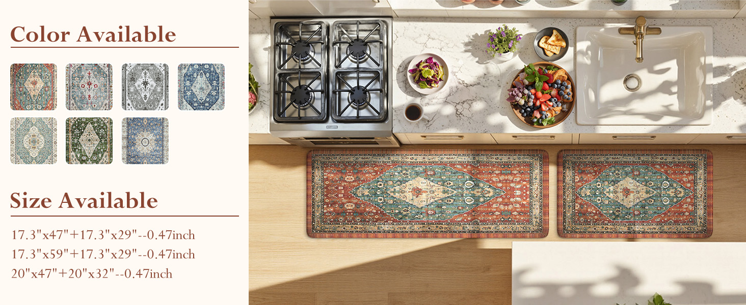 Collive Boho Kitchen Mats 2PCS, Cushioned Kitchen Mat for Floor Anti Fatigue Waterproof Kitchens Rugs Set of 2, Non Skid Comfort Standing Rug for Office, Sink, Laundry, 17.3
