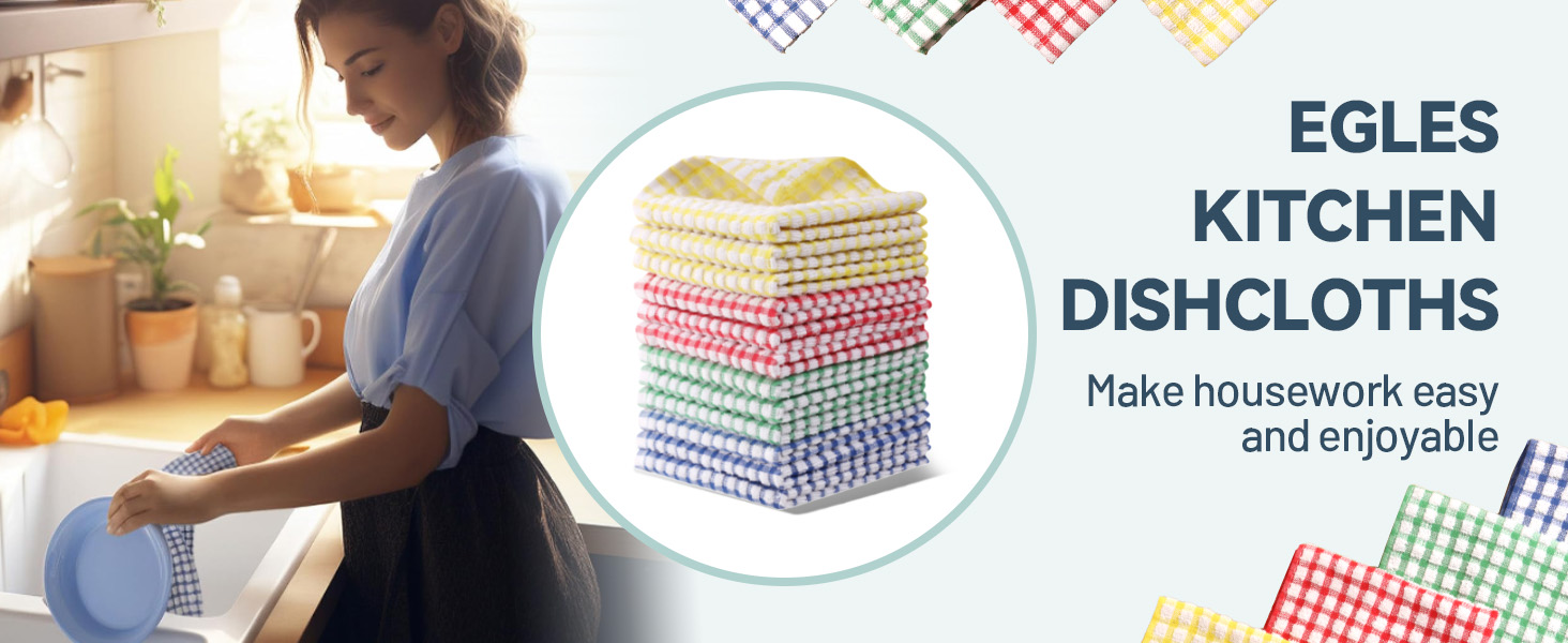 Egles 16 Packs Kitchen Dishcloths 12x12 Inches 100% Cotton Kitchen Dish Cloths for Washing Dishes Scrubbing Wash Cloths Dish Towels Sets (Mix Color)