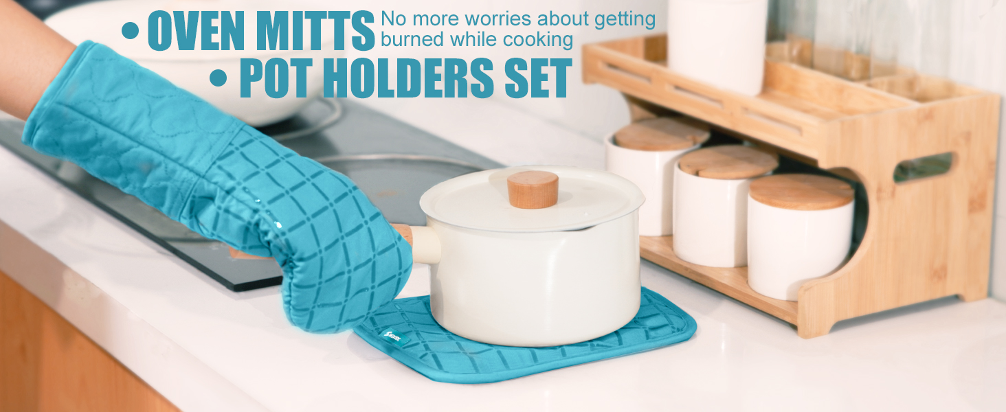 Oven Mitts Kitchen Towels and Dishcloths Pot Holders Sets, Oven Gloves Kitchen Dish Towels 500 Degree Heat Resistant Potholders with Non-Slip Silicone Surface for Cooking, Grilling, Baking-Blue