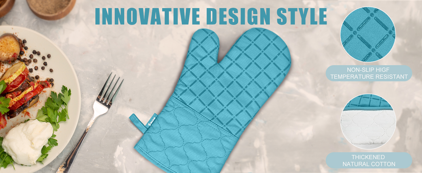 Oven Mitts Kitchen Towels and Dishcloths Pot Holders Sets, Oven Gloves Kitchen Dish Towels 500 Degree Heat Resistant Potholders with Non-Slip Silicone Surface for Cooking, Grilling, Baking-Blue
