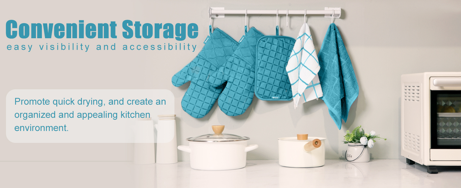 Oven Mitts Kitchen Towels and Dishcloths Pot Holders Sets, Oven Gloves Kitchen Dish Towels 500 Degree Heat Resistant Potholders with Non-Slip Silicone Surface for Cooking, Grilling, Baking-Blue