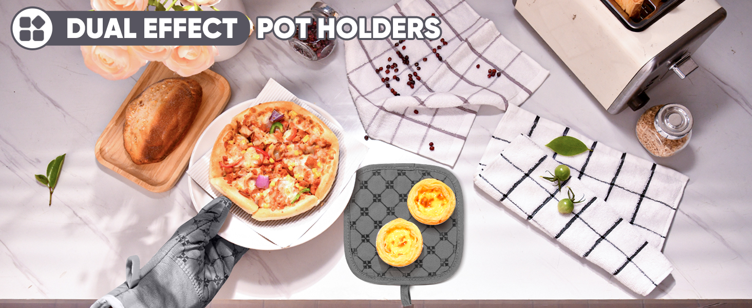 Oven Mitts Kitchen Towels Dishcloths with Pot Holders Sets 12PCS, Dish Towels Sets, Oven Gloves Pot Pads Heat Resistant 500 Degrees with Non-Slip Silicone Surface for Cooking Baking Grilling-Gray