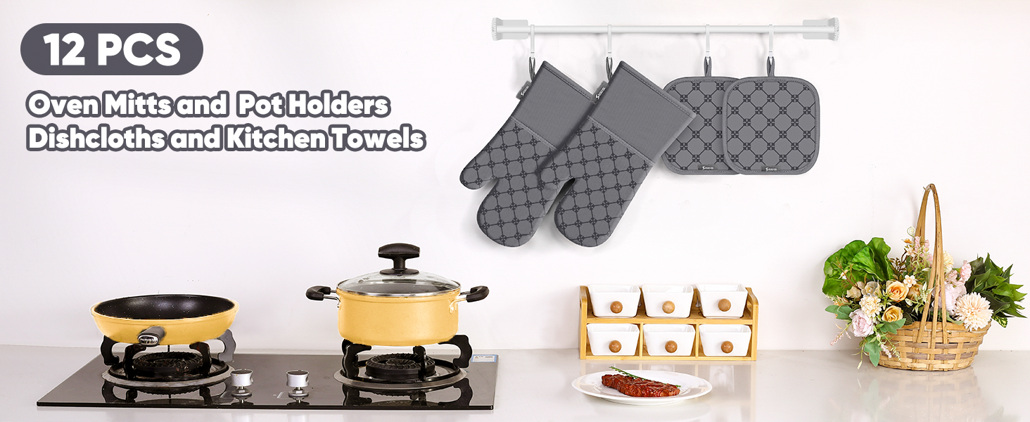 Oven Mitts Kitchen Towels Dishcloths with Pot Holders Sets 12PCS, Dish Towels Sets, Oven Gloves Pot Pads Heat Resistant 500 Degrees with Non-Slip Silicone Surface for Cooking Baking Grilling-Gray
