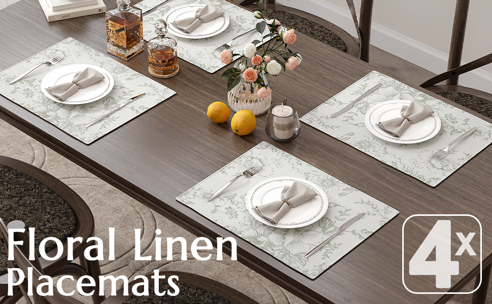 JINCHAN Floral Placemats Set of 4 Farmhouse Linen Placemats Cloth Table Mats Holiday Seasonal Rustic for Kitchen Dining Table Decor Heat Resistant Washable Tablemats 13x19 Inch Green
