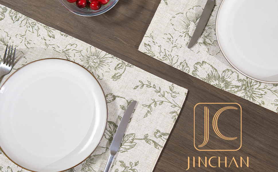 JINCHAN Floral Placemats Set of 4 Farmhouse Linen Placemats Cloth Table Mats Holiday Seasonal Rustic for Kitchen Dining Table Decor Heat Resistant Washable Tablemats 13x19 Inch Green