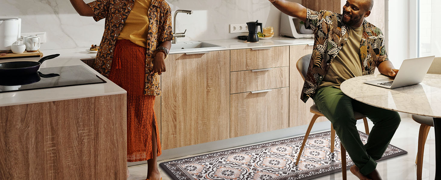 FRESHMINT Anti Fatigue Kitchen Mats for Floor 2 Piece Set, Waterproof & Non-Skid Moroccan Tile Kitchen Rugs, Cushioned Kitchen Mat for Standing Washable Comfort Desk Kitchen Runners, 17x30+17x47