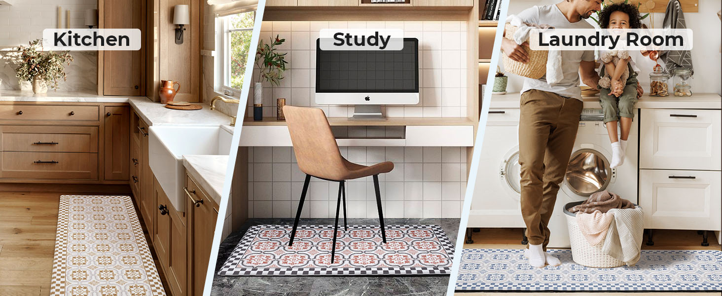 FRESHMINT Anti Fatigue Kitchen Mats for Floor 2 Piece Set, Waterproof & Non-Skid Moroccan Tile Kitchen Rugs, Cushioned Kitchen Mat for Standing Washable Comfort Desk Kitchen Runners, 17x30+17x47