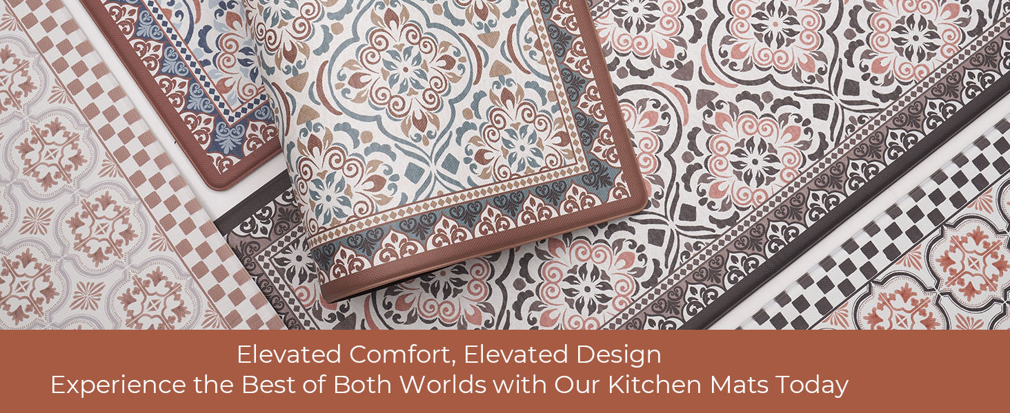 FRESHMINT Anti Fatigue Kitchen Mats for Floor 2 Piece Set, Waterproof & Non-Skid Moroccan Tile Kitchen Rugs, Cushioned Kitchen Mat for Standing Washable Comfort Desk Kitchen Runners, 17x30+17x47