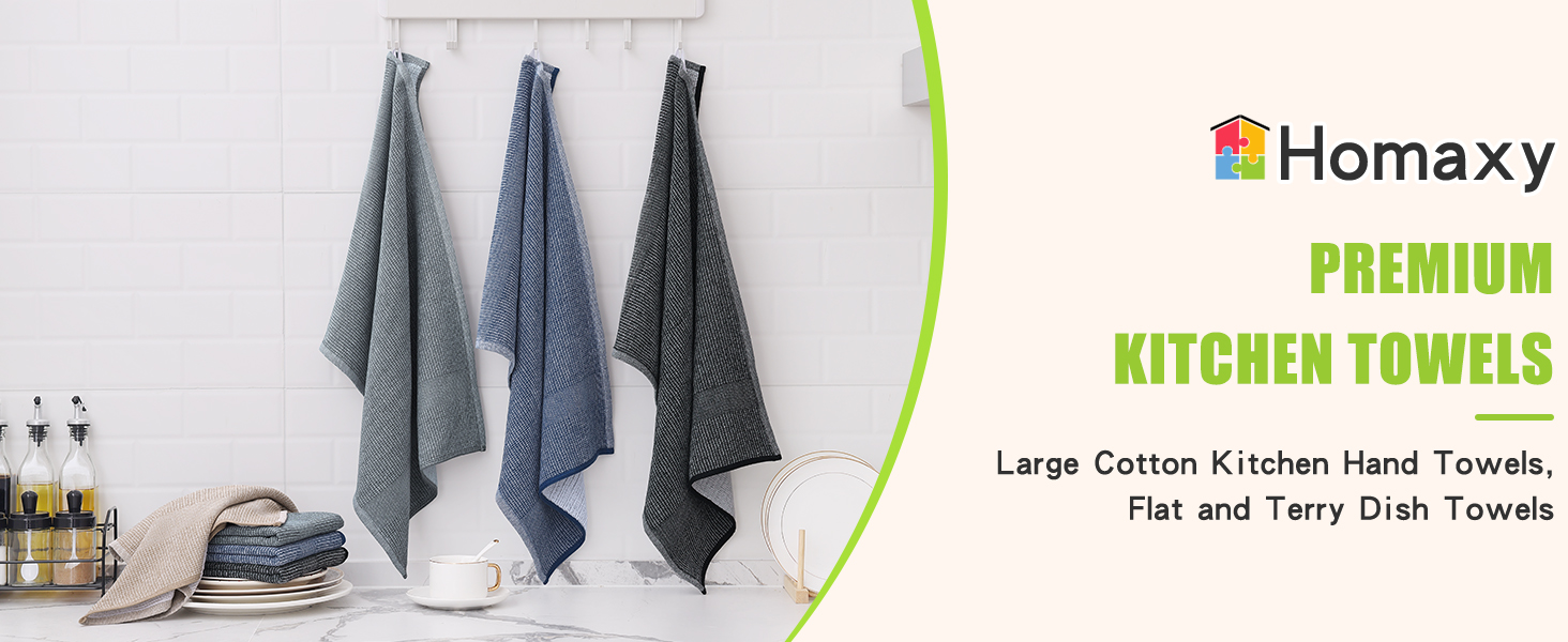 Homaxy Premium Kitchen Towels(18”x 28”, 6 Pack), Large Cotton Kitchen Hand Towels, Flat and Terry Dish Towels, 380 GSM Highly Absorbent Tea Towel Set with Hanging Loop, Grey