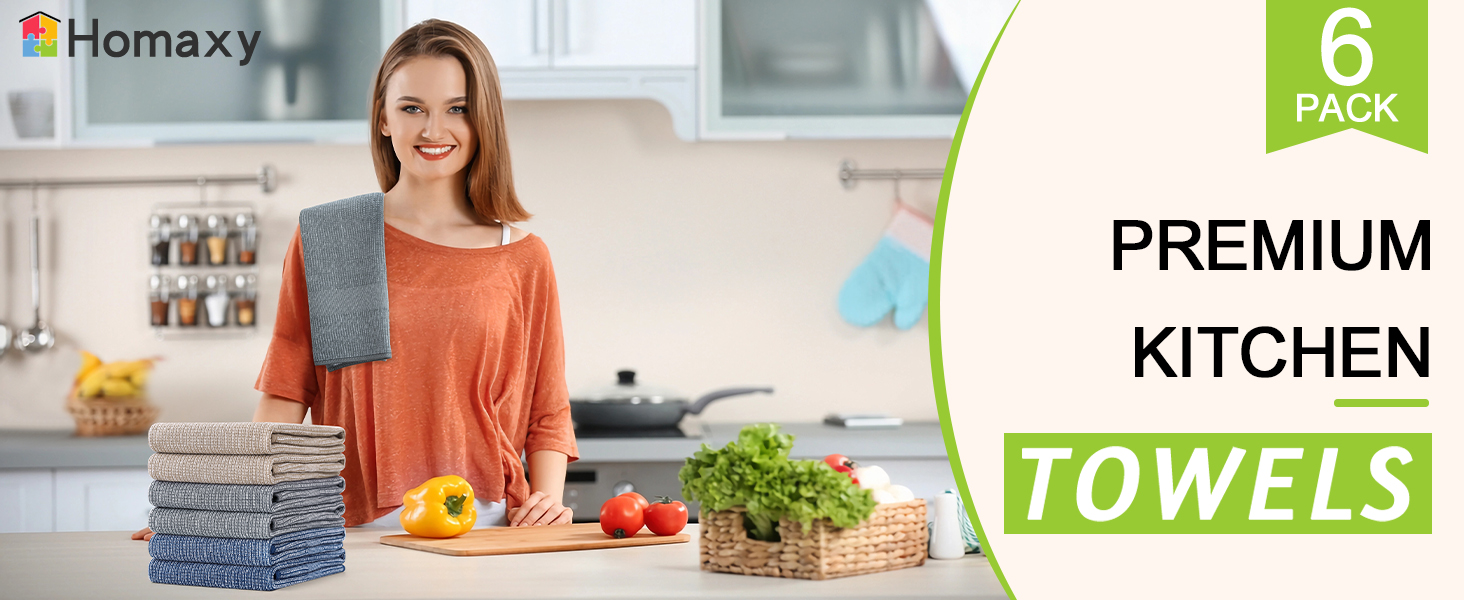 Homaxy Premium Kitchen Towels(18”x 28”, 6 Pack), Large Cotton Kitchen Hand Towels, Flat and Terry Dish Towels, 380 GSM Highly Absorbent Tea Towel Set with Hanging Loop, Grey